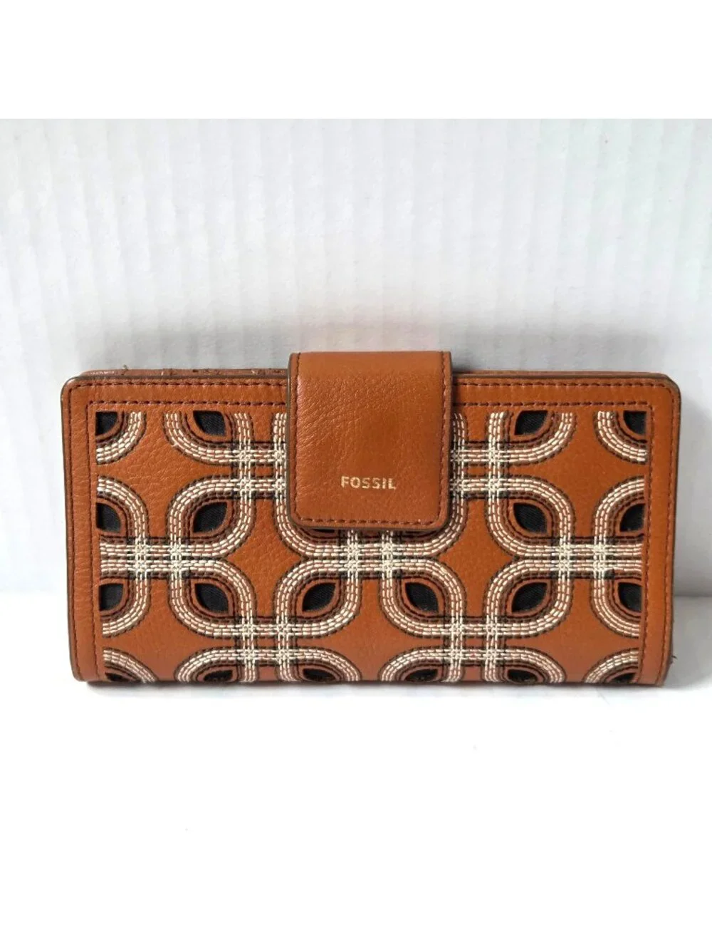 Fossil Womens Wallet Brown Leather Bifold Geometric Contrast Stitching Boho